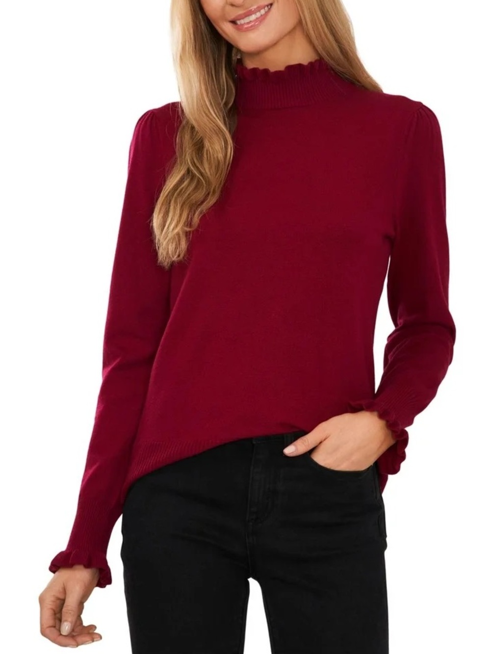 NWT! CeCe Deep Merlot Mock Neck Ruffle Cuff Sweater